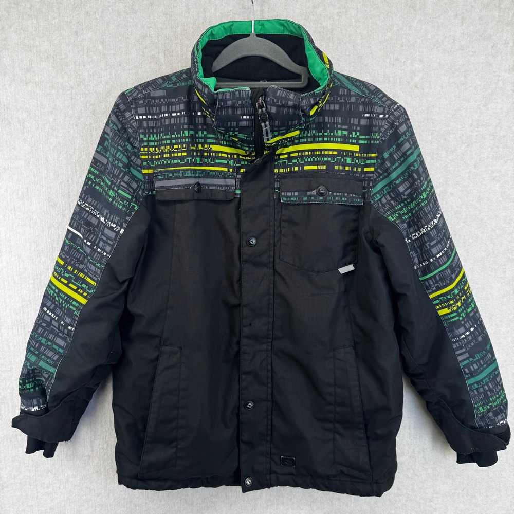 Liquid Boardwear Youth 10 Ski Snowboard Jacket Black Green Glitch Print Hooded